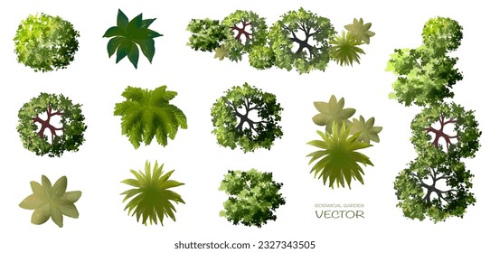 Vector set of watercolor Top view green tree for outdoor plan or map and architecture drawing, elements for environment and garden,botanical elements ,blooming flowers in spring