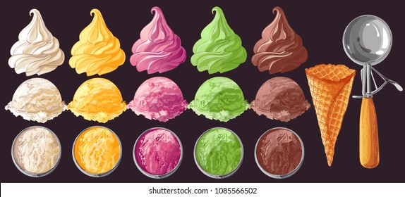 Vector Set of watercolor various ice-cream scoops in waffle cones with assorted balls of vanilla, citrus, strawberry, mint, chocolate. With Spoon for ice cream. Isolated  illustration