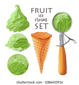Vector Set of watercolor various ice-cream scoops in waffle cones with assorted balls of mint, green tea, leaf. With Spoon for ice cream. Isolated  illustration
