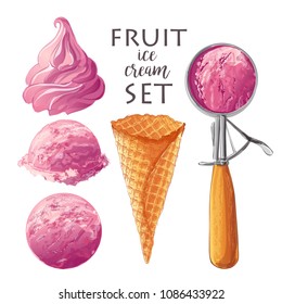 Vector Set of watercolor various ice-cream scoops in waffle cones with assorted balls of strawberry. With Spoon for ice cream. Isolated  illustration