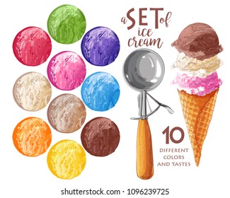 Vector Set of watercolor various ice-cream scoops in waffle cones with assorted balls of vanilla, citrus, strawberry, mint, chocolate. Isolated illustration