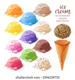 Vector Set of watercolor various ice-cream scoops in waffle cones with assorted balls of vanilla, citrus, strawberry, mint, chocolate. Isolated illustration