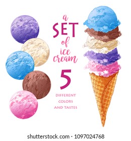 Vector Set of watercolor various ice-cream scoops in waffle cones with assorted balls of vanilla, citrus, strawberry, mint, chocolate. Isolated illustration