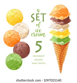 Vector Set of watercolor various ice-cream scoops in waffle cones with assorted balls of vanilla, citrus, strawberry, mint, chocolate. Isolated illustration
