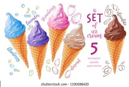 Vector Set of watercolor various ice-cream scoops in waffle cones with assorted balls of vanilla, blueberries, berries, lavender, strawberry,  chocolate. Isolated illustration