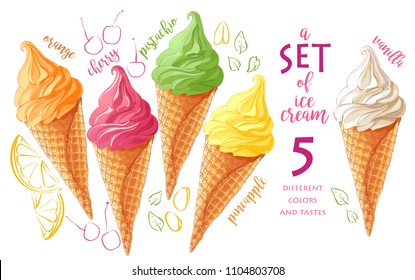 Vector Set of watercolor various ice-cream in waffle cones with assorted vanilla, citrus, strawberry, mint, chocolate. Isolated illustration