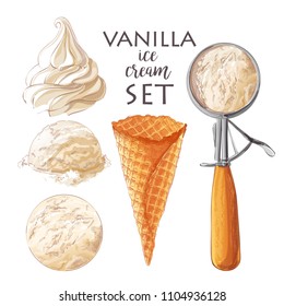 Vector Set of watercolor various ice-cream scoops in waffle cones with assorted balls of vanilla, yogurt. With Spoon for ice cream. Isolated illustration