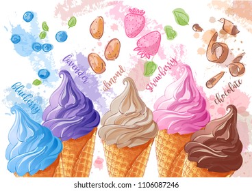 Vector Set of watercolor various ice-cream scoops in waffle cones with assorted balls of vanilla, blueberries, berries, lavender, strawberry,  chocolate. Isolated illustration