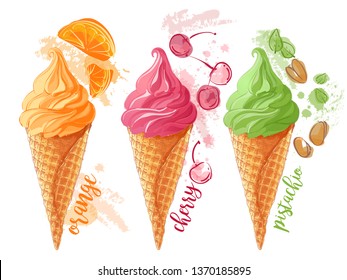 Vector Set of watercolor various ice-cream scoops in waffle cones with assorted balls of vanilla, citrus, strawberry, mint, chocolate. With Spoon for ice cream. Isolated illustration