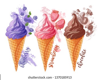 Vector Set of watercolor various ice-cream scoops in waffle cones with assorted balls of vanilla, citrus, strawberry, mint, chocolate. With Spoon for ice cream. Isolated illustration