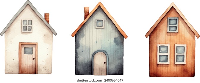 Vector set of watercolor wood houses, isolated, for design