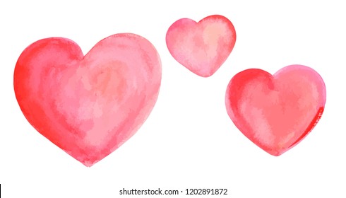 A vector set of watercolour drawings of pink hearts, isolated on a white background