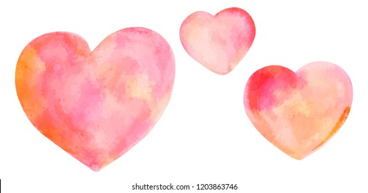 A vector set of watercolour drawings of pink hearts, isolated on a white background
