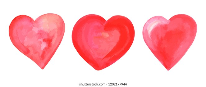 A vector set of watercolour drawings of vibrant red and pink hearts, isolated on a white background