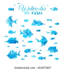 Vector set of watercolour fish silhouettes. Bright sea fishes isolated on white background. Underwater blue ocean life.