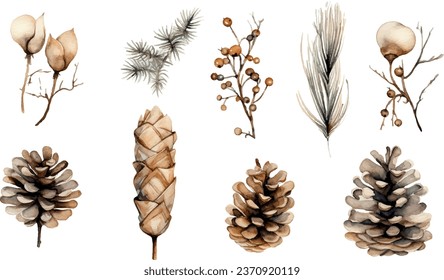 Vector set of watercolour nature clip-art, winter, for design