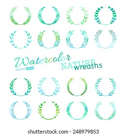 Vector set of watercolour nature wreaths. Hand-drawn design elements isolated on white background. All used brushes for wreathes are included. 