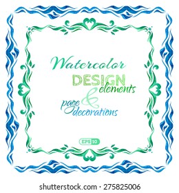 Vector set of watercolour page decorations. Vintage frames isolated on white background. There is copy space for text in the center.