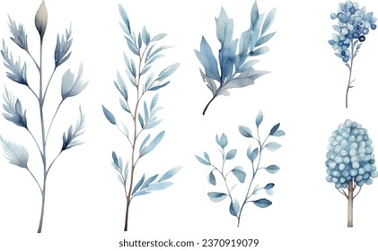 Vector set of watercolours blue winter leaves, clip-art