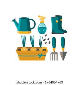 Conjunto de vectores: lata de riego, botas de goma, pala, rastrillo, semillas, olla, bulbos. Excelente para el diseño de postales, afiches, pegatinas y demás.