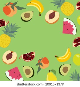 Vector set of watermelon, banana, peach, avocado, pomegranate fruit, pear, apple and pineapple for lettering or background on a green background.