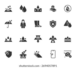 Vector conjunto de iconos planos impermeables. Contiene iconos repelentes a la humedad, impermeabilizantes, absorbentes, paraguas, impermeable, botas de goma y más. Píxel perfecto.
