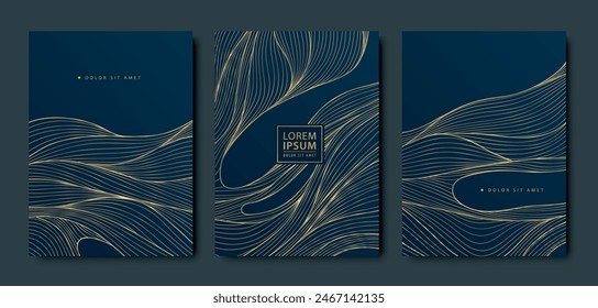 Vector conjunto de patrones de fondo de onda, línea de diseño japonés, textura abstracta del mar. Dorado en la ilustración oscura. Afiches asiáticos, portadas orientales antiguas.