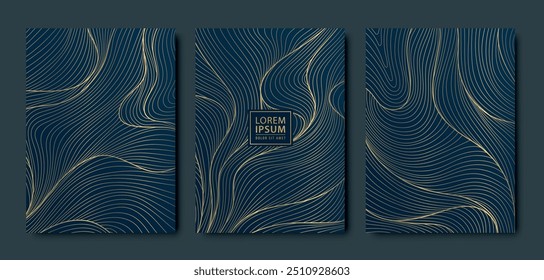 Vector set of wave background patterns, line Japanese design, abstract sea texture. Golden on dark illustration. Asian posters, vintage oriental covers.