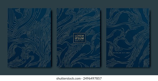 Vector set of wave elegant, premium gold lines pattern on blue. Marble texture, modern curve art, corporate presentation cover, exclusive ornament.