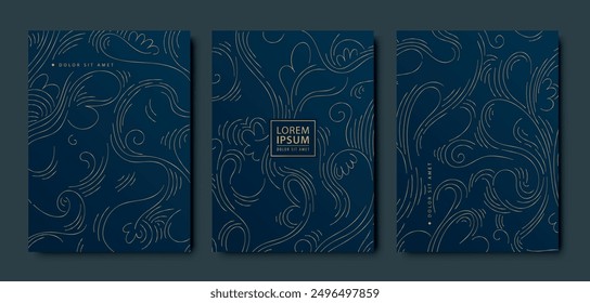 Vektor-Satz der Welle elegante, Premium-Gold-Linien Muster auf Blau. Marmortextur, moderne Kurvenkunst, Corporate Präsentation Abdeckung, exklusives Ornament.