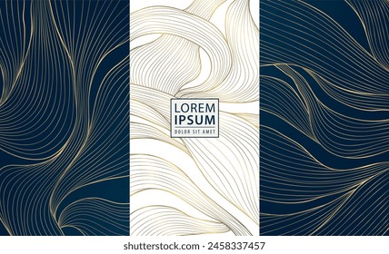 Vector set of wave gold patterns. luxury abstract line art, elegant curve textures. Premium labels, cards, minimal package, glitter silk shapes 