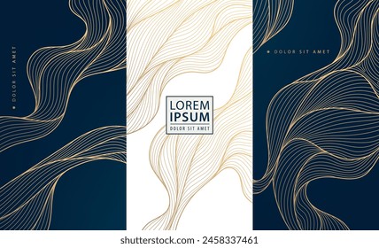 Vector set of wave gold patterns. luxury abstract line art, elegant curve textures. Premium labels, cards, minimal package, glitter silk shapes 