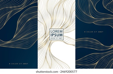 Vector set of wave gold patterns. luxury abstract line art, elegant curve textures. Premium labels, cards, minimal package, glitter silk shapes