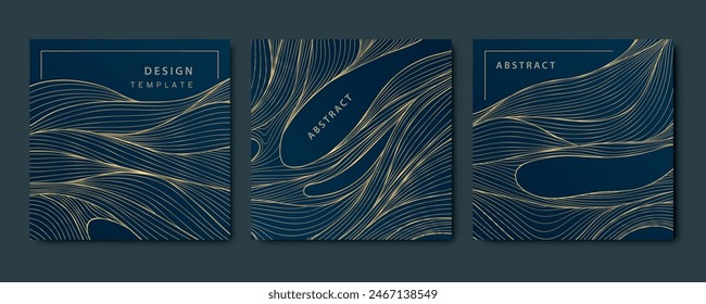 Conjunto de Vector de patrones de oro de línea de onda, texturas de arte japonés, flujo, ilustración de mar. Afiches de flujo, Elementos de la naturaleza, elegantes marcos cuadrados de lujo.