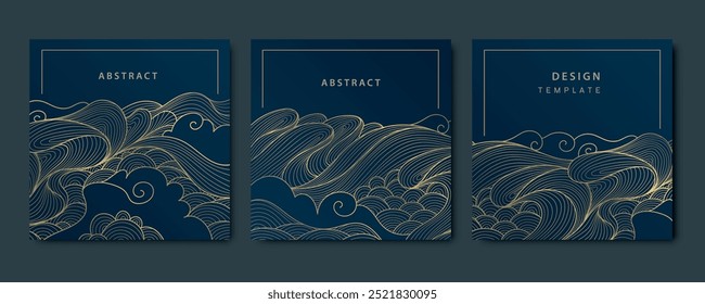 Vector set of wave line gold on blue square cards, sea patterns, fluid premium illustrations, luxury graphic