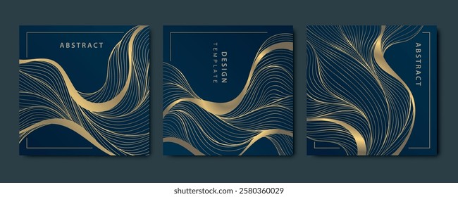 Vector set of wave line luxury cards, abstract gold on blue art deco graphic. Square frames elegant brochures, labels, package