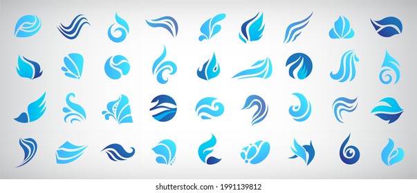 Vector set of wave logos. Graphic symbols of ocean, flowing sea water stylized for business identity. Illustration water logo, flow, stream, wing