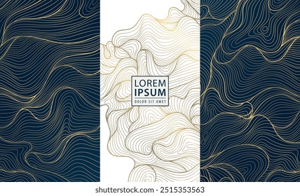 Vector set of wave luxury design background, gold oriental patterns. Sea curve, water line art. Wine, perfume labels, royal art deco invitations