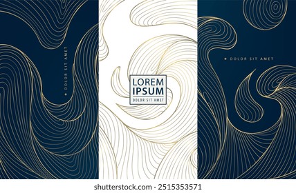 Vector set of wave luxury design background, gold oriental patterns. Sea curve, water line art. Wine, perfume labels, royal art deco invitations