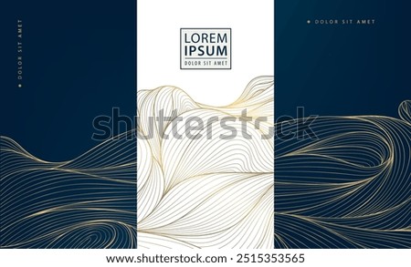 Vector set of wave luxury design background, gold oriental patterns. Sea curve, water line art. Wine, perfume labels, royal art deco invitations