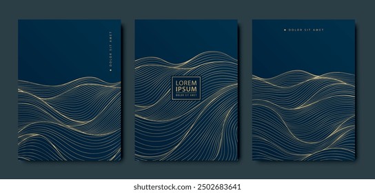 Vector set of wave sea gold on blue posters, oriental asian illustrations, luxury japan style patterns. Fancy labels