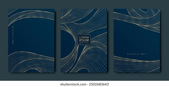 Vector set of wave sea gold on blue posters, oriental asian illustrations, luxury japan style patterns. Fancy labels