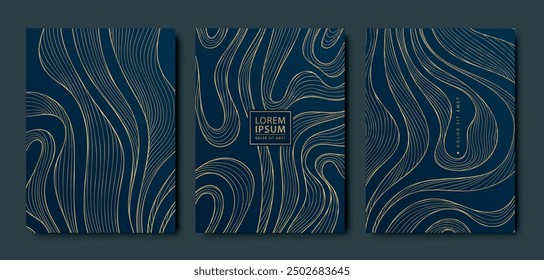 Vector set of wave sea gold on blue posters, oriental asian illustrations, luxury japan style patterns. Fancy labels