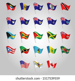 vector set of waving flags anglo american on silver pole - icon of states united states of america, canada and other