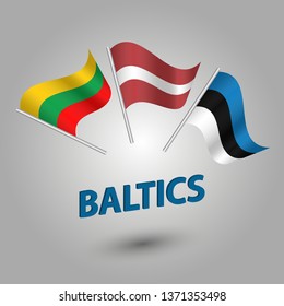 vector set waving flags of baltic states estonia, latvia and lithvania on silver pole - estonian, lativan, lithvanian icons with blue title baltics