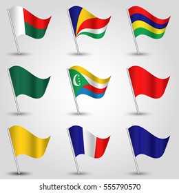 vector set of waving flags east africa on silver pole and blue, red, yellow and green one - icon of states madagascar, mauritius, comoros, seychelles, reunion and mayotte

