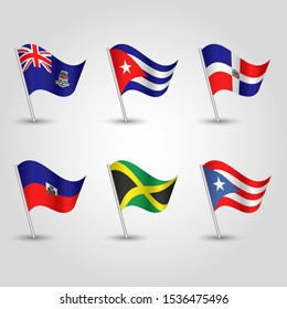 vector set of waving flags greater antilles on silver pole - icon of states cayman islands, cuba, dominican republic, haiti, jamaica and puerto rico