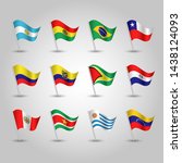 vector set of waving flags southern america on silver pole - icon of states argentina, bolivia, brazil, chile, colombia, ecuador, guyana, paraguay, peru, suriname, uruguay and venezuela