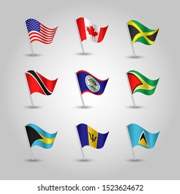 vector set of waving nine flags anglo american states with largest population on silver pole - icon of states usa, canada, jamaica, trinidad and tobago, guyana, belize, bahamas, barbados, sain lucia