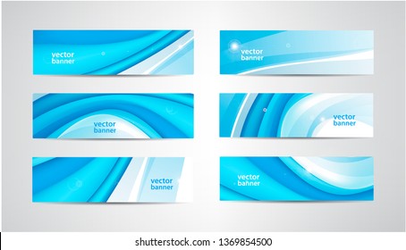 Vector set of wavy banners, blue wave web headers. Water vibrant abstract background, horizontal orientation. 